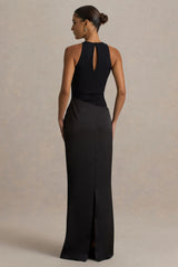 Akari | Black High-Neck Maxi Dress With Satin Skirt