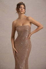 Lilabelle | Rose Gold Plisse Sequin Bandeau Midi Dress