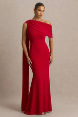 Zendaya | Red Asymmetric-Neck Fishtail Maxi Dress With Cape Detail