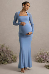 Abeam | Powder Blue Maternity Maxi Dress With Sheer Sleeves