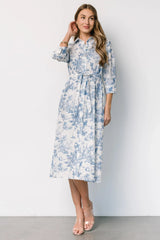 Chantelle Button Midi Dress | Off White + Blue Print