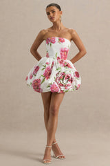 Adira | Cream Floral Print Bandeau Puffball Mini Dress With Ruffle Detail