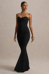 Talisa | Black Ruched Fishtail Maxi Dress With Mesh Hem