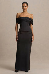 Valeria | Black Satin Twist-Bardot Neck Maxi Dress