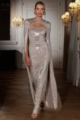 Devora | Silver Sequin Crew-Neck Maxi Dress With Cape Sleeves