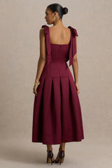 Alberta | Burgundy Satin Midi Dress With Bow Straps
