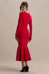 Liberty | Red High Neck Mermaid Maxi Dress With Ruffling Detail