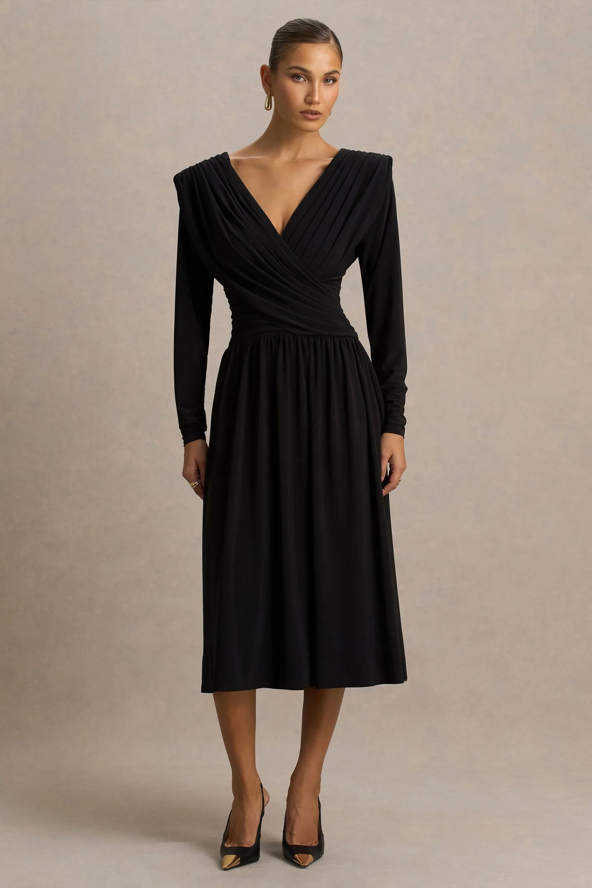 Alexis | Black Plunge-Neck Maxi Dress With Draped And Ruched Detailing