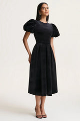 Seraphic | Black Velvet Puff-Sleeve Midi Dress