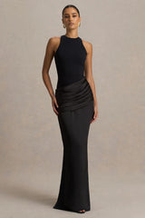 Akari | Black High-Neck Maxi Dress With Satin Skirt