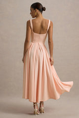 Parina | Pink Strappy Volume-Hem Midi Dress