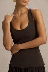 Kelly | Brown Scoop-Neck Maxi Dress With Mesh And Pleated Detailing