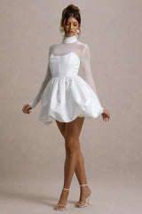Tinkerbell | White Satin Long-Sleeve Puffball Mini Dress
