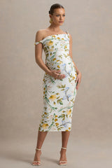 Salome | White Botanical Floral Print Twisted Asymmetric Maternity Midi Dress