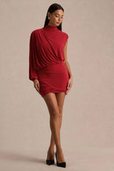Zelda | Red High-Neck Mini Dress With One-Long Sleeve And Twisted Detail