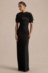 Yoli | Black Satin Maxi Dress With Twist-Cape