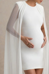 Charlene | White High-Neck Maternity Mini Dress With Mesh Cape