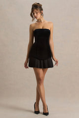Valentina | Black Bandeau Velvet Mini Dress With Pleated Detailing