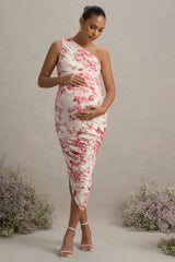 Late Night | Pink Floral Print Maternity Ruched One Shoulder Midi Dress
