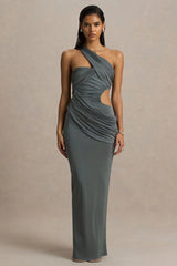 Serefine | Grey Asymmetric-Neck Maxi Dress With Body Cut-Out