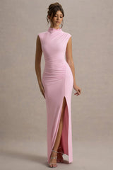 Lanetta | Pink Ruched High-Neck Maxi Dress With Split