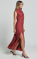 Arielle Maxi Linen Dress - High Neck Thigh Split Slip Dress in Rust