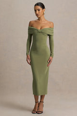 Spark | Olive Bardot-Neck Maxi Dress With Bow Detail