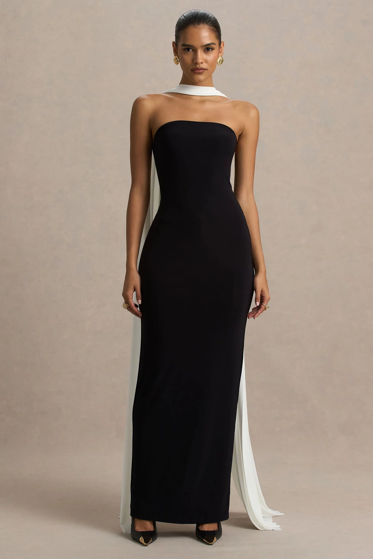 Kelilah | Black And White Bandeau Maxi Dress With Cape