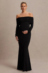Pretty Perfect | Black Maternity Bardot-Neck Maxi Dress