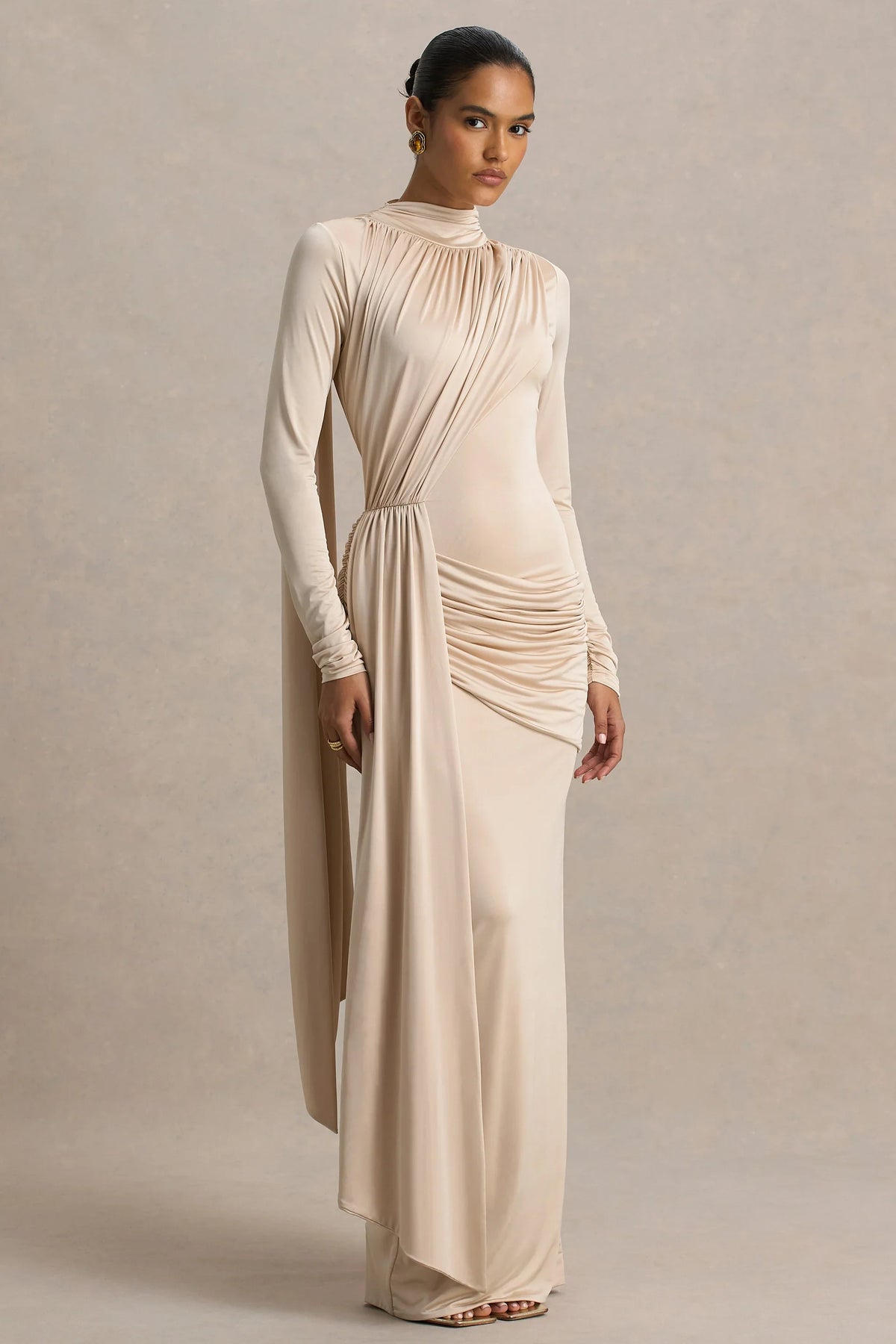 Romi | Champagne High-Neck Maxi Dress With Ruched Detailing
