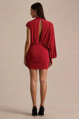 Zelda | Red High-Neck Mini Dress With One-Long Sleeve And Twisted Detail