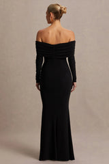 Pretty Perfect | Black Maternity Bardot-Neck Maxi Dress