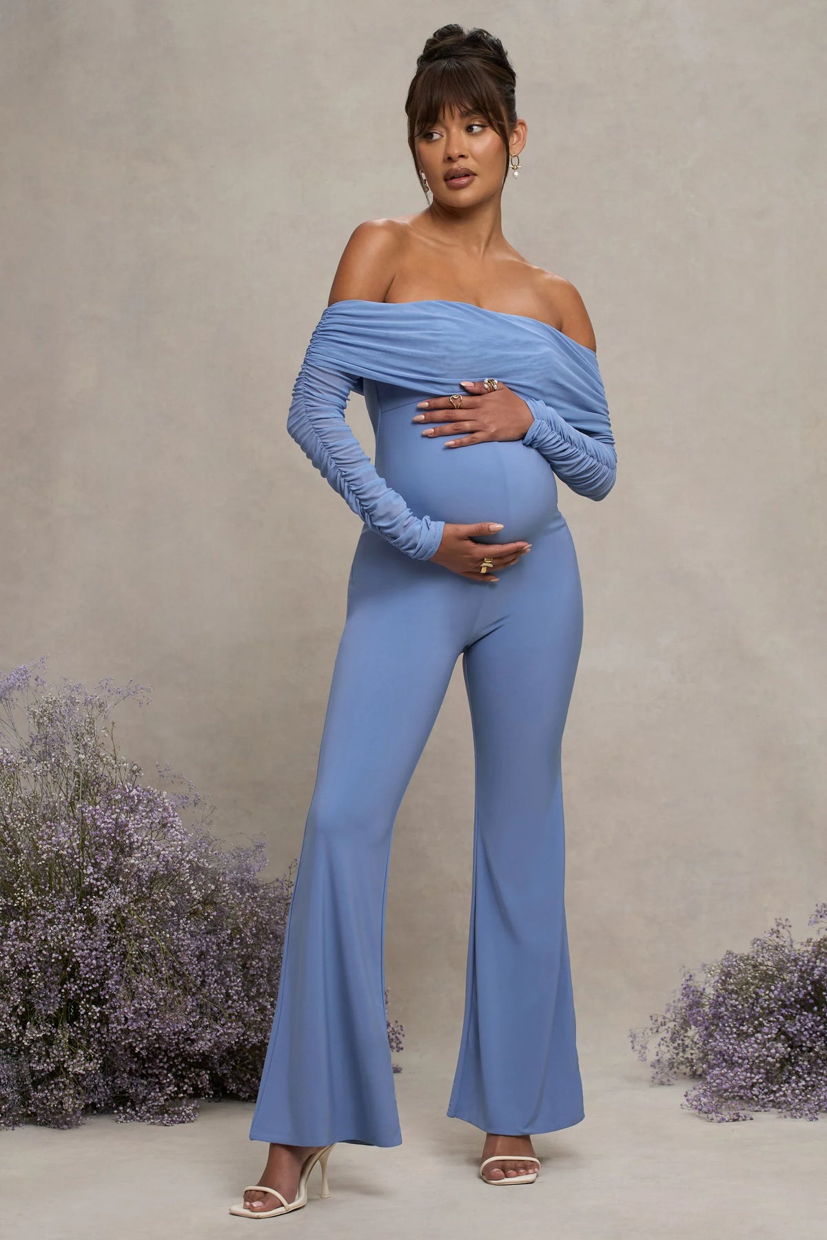 Count Down | Powder Blue Maternity Ruched Mesh Bardot Jumpsuit