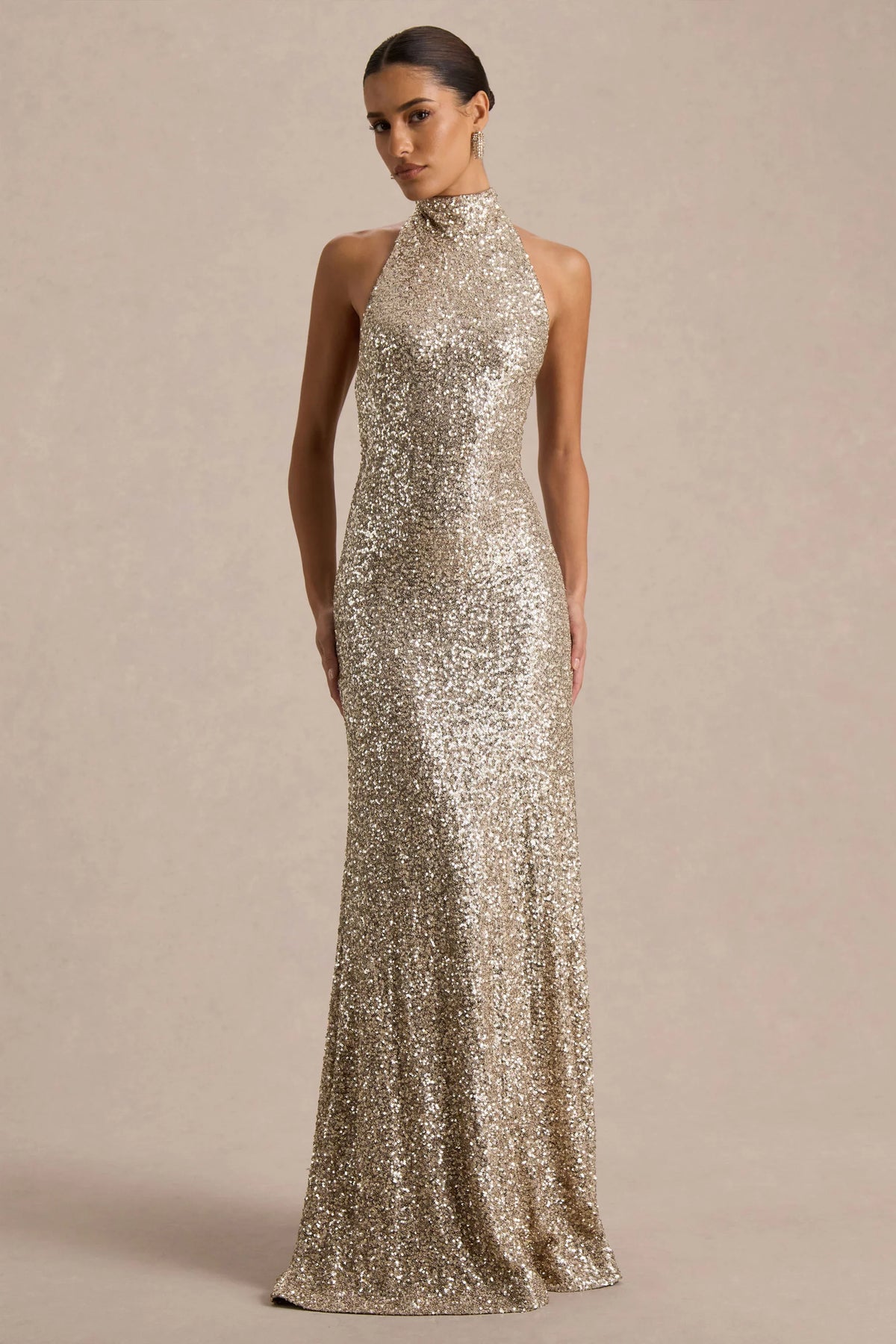 Tulia | Champagne Sequin High-Neck Maxi Dress