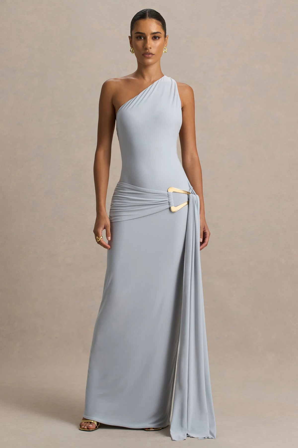 Bonnie | Blue Asymmetric-Neck Maxi Dress With Ruched-Detailing
