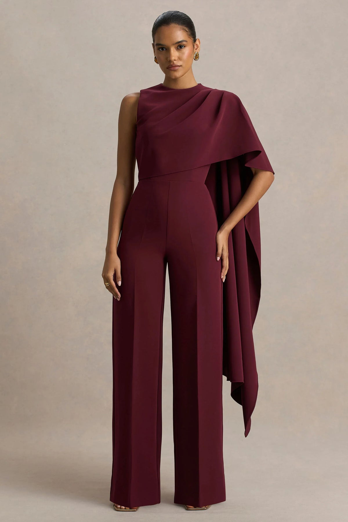 Sorenia | Burgundy High-Neck Jumpsuit With One-Cape Sleeve