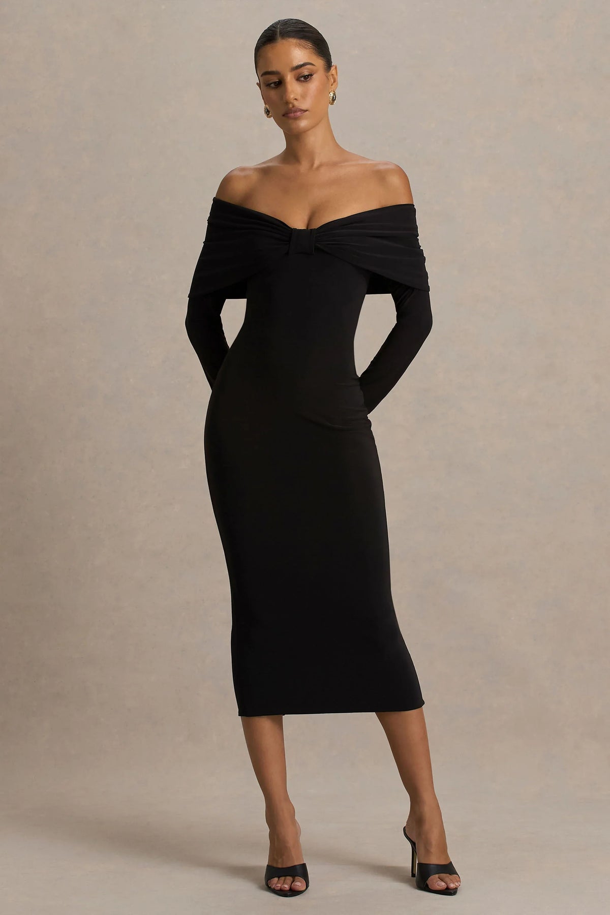 Spark | Black Bardot-Neck Midi Dress With Bow Detail