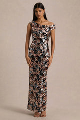 Electric | Black Sequin Floral Velvet Asymmetric-Neck Maxi Dress