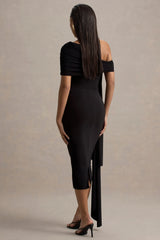 Vallea | Black One-Shoulder Draped Midi Dress