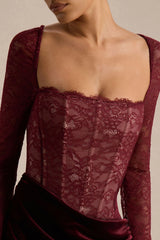 Finesse | Burgundy Lace And Velvet Square-Neck Maxi Dress With Draped Skirt