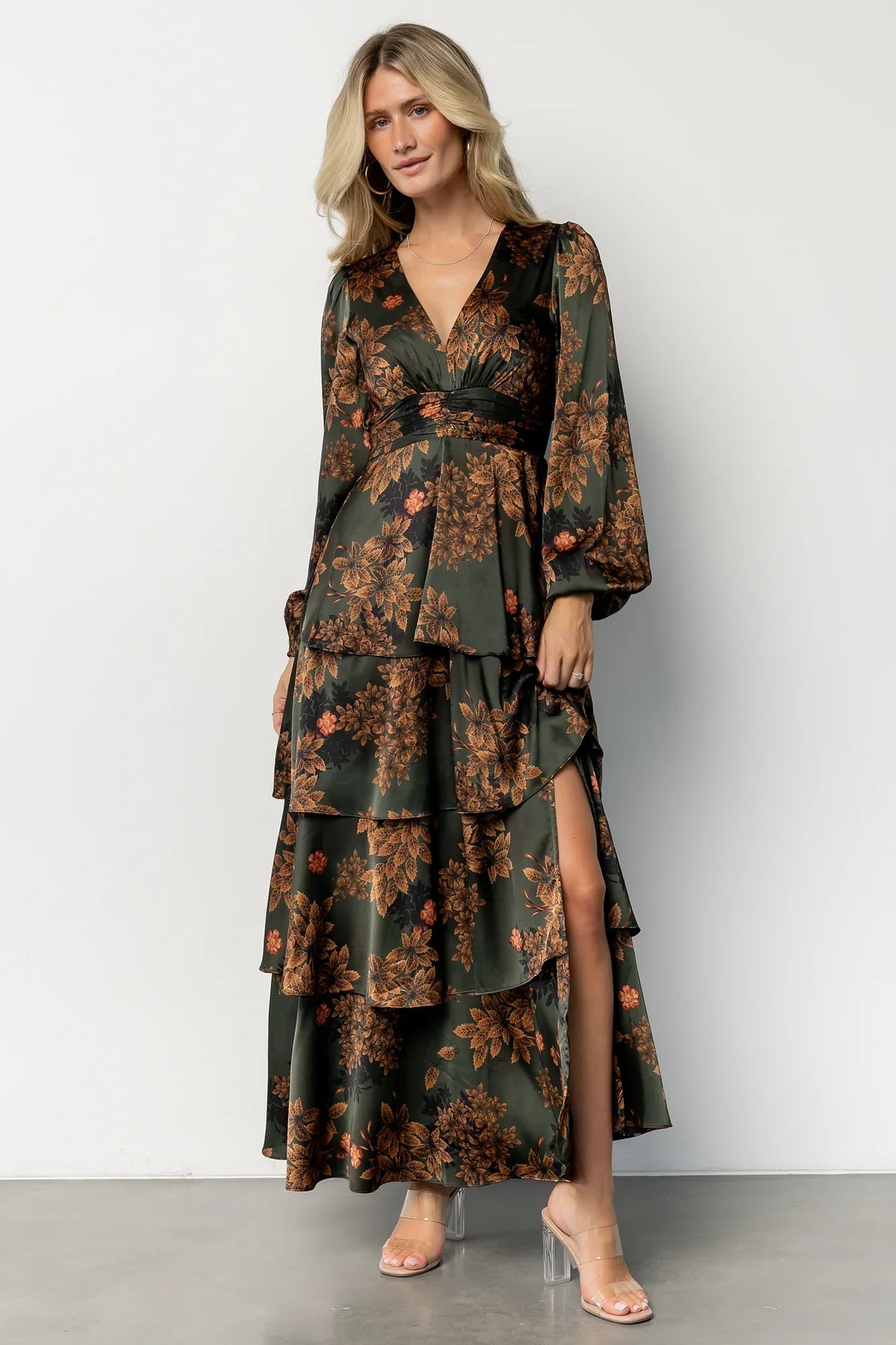 Montrouge Tiered Satin Dress | Olive Floral