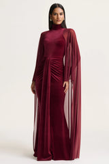 Adoring | Burgundy Velvet High-Neck Maxi Dress With Cape