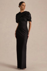 Yoli | Black Satin Maxi Dress With Twist-Cape