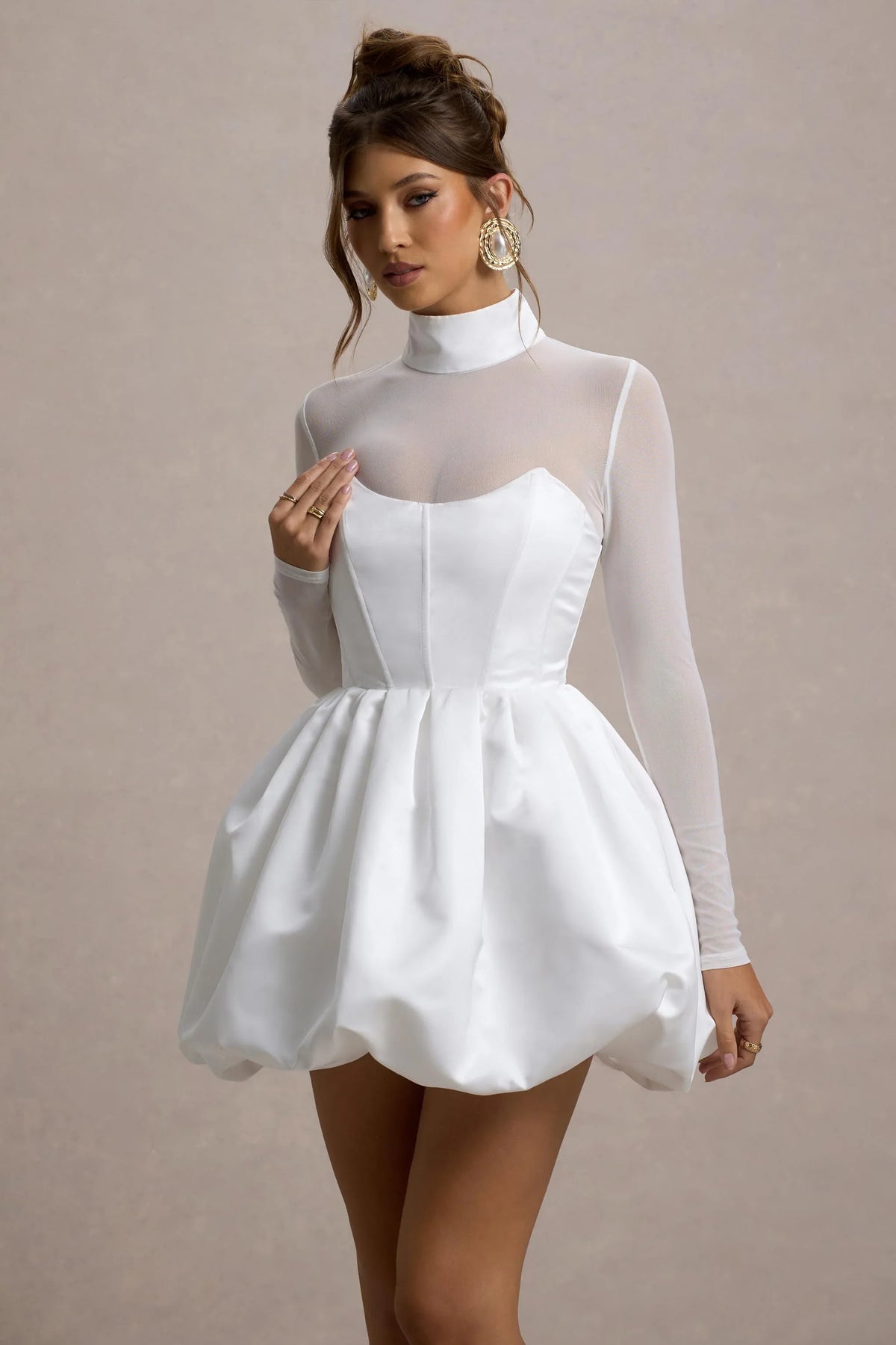 Tinkerbell | White Satin Long-Sleeve Puffball Mini Dress