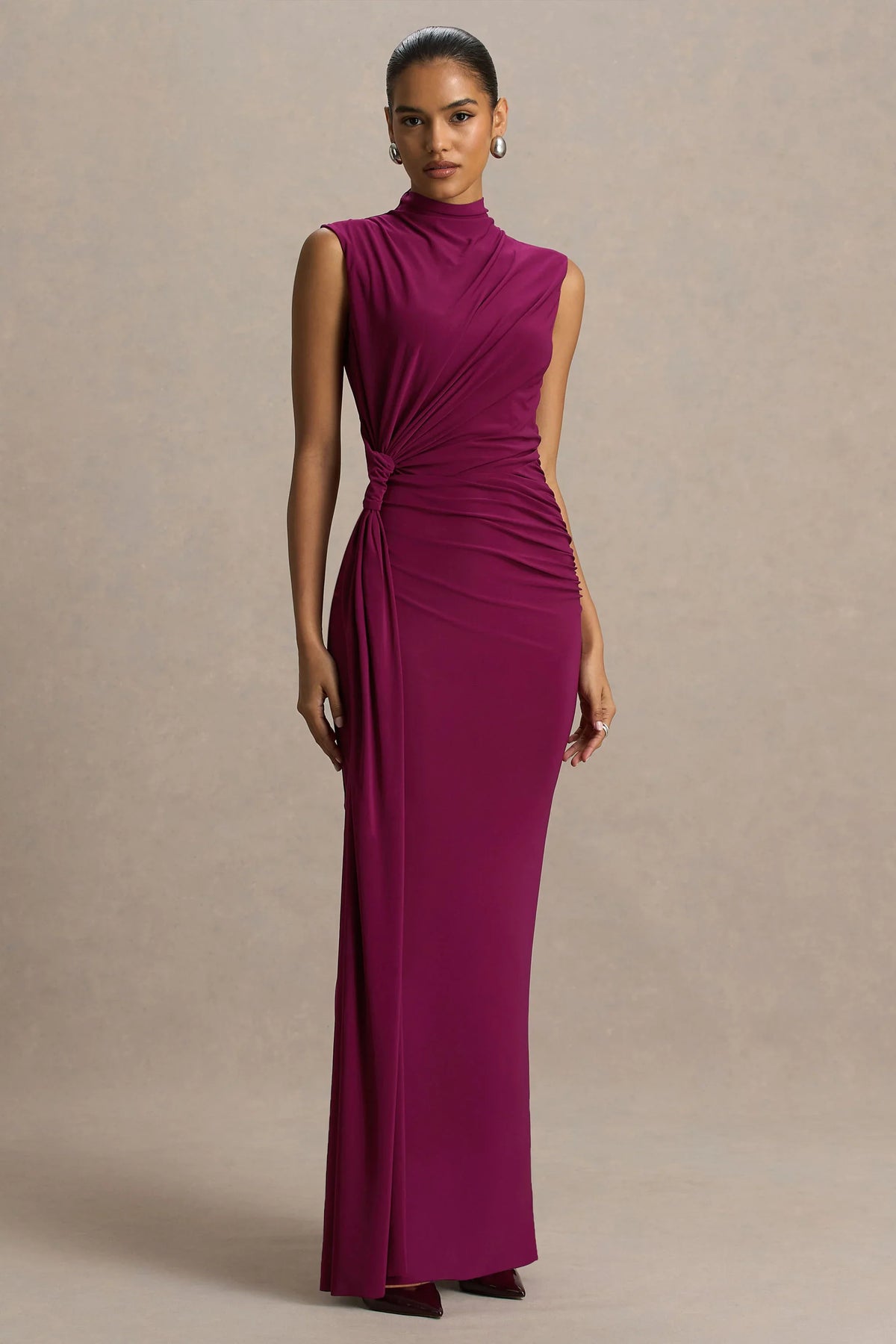 Solene | Burgundy High-Neck Maxi Dress With Wrap And Drape Detail