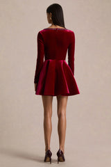 Beloved | Burgundy Velvet Hand-Embellished Square-Neck Mini Dress