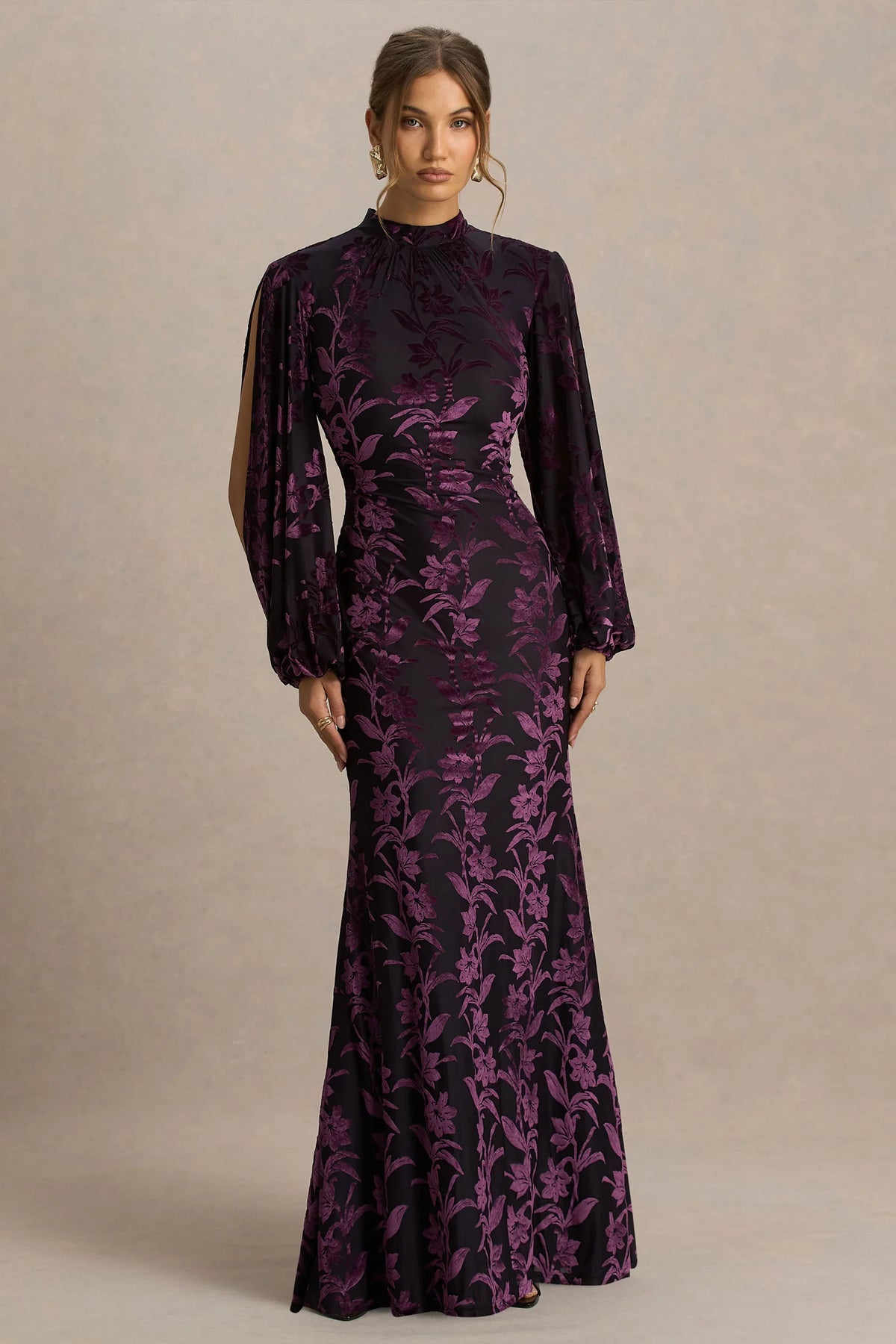 Janet | Black And Burgundy Devore High-Neck Maxi Dress With Cut-Out Details