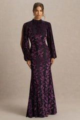 Janet | Black And Burgundy Devore High-Neck Maxi Dress With Cut-Out Details