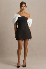 Tindra | Black And White Satin Bandeau-Neck Mini Dress With Bow Sleeves