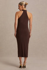 Mireille | Brown Halter-Neck Maternity Midi Dress